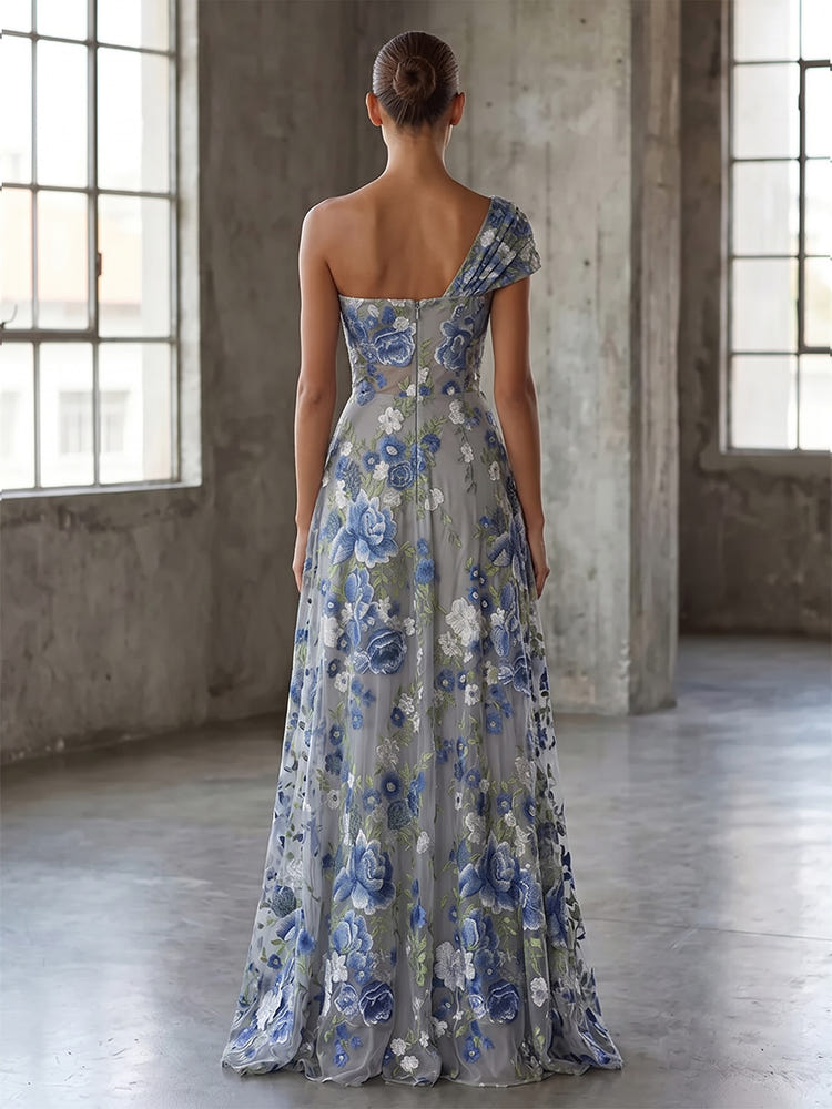Tulle A-Line One Shoulder Evening Dresses with Floral Embroidery