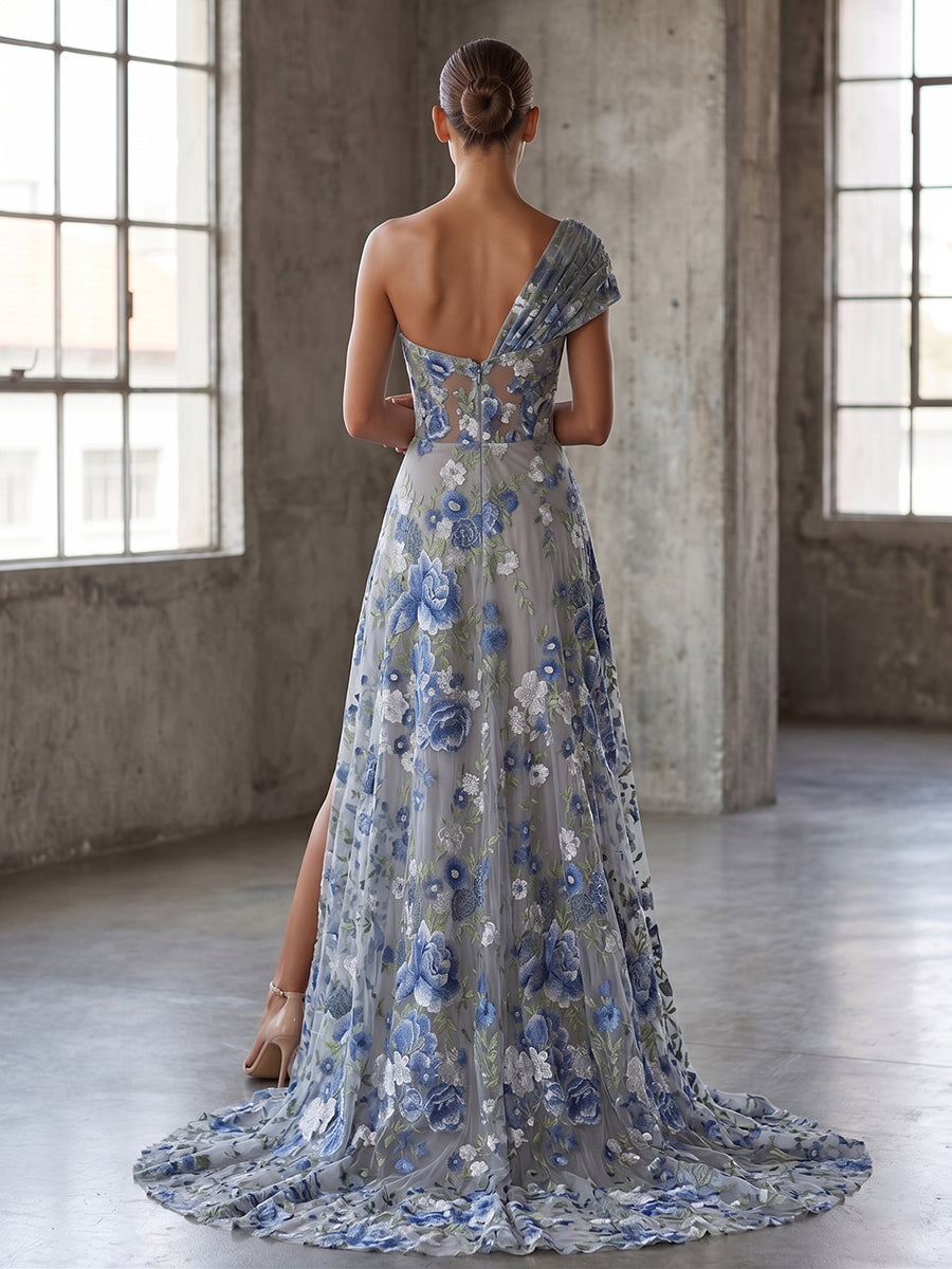 Tulle A-Line One Shoulder Evening Dresses with Floral Embroidery