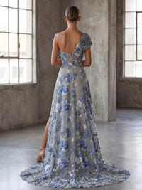 Tulle A-Line One Shoulder Evening Dresses with Floral Embroidery