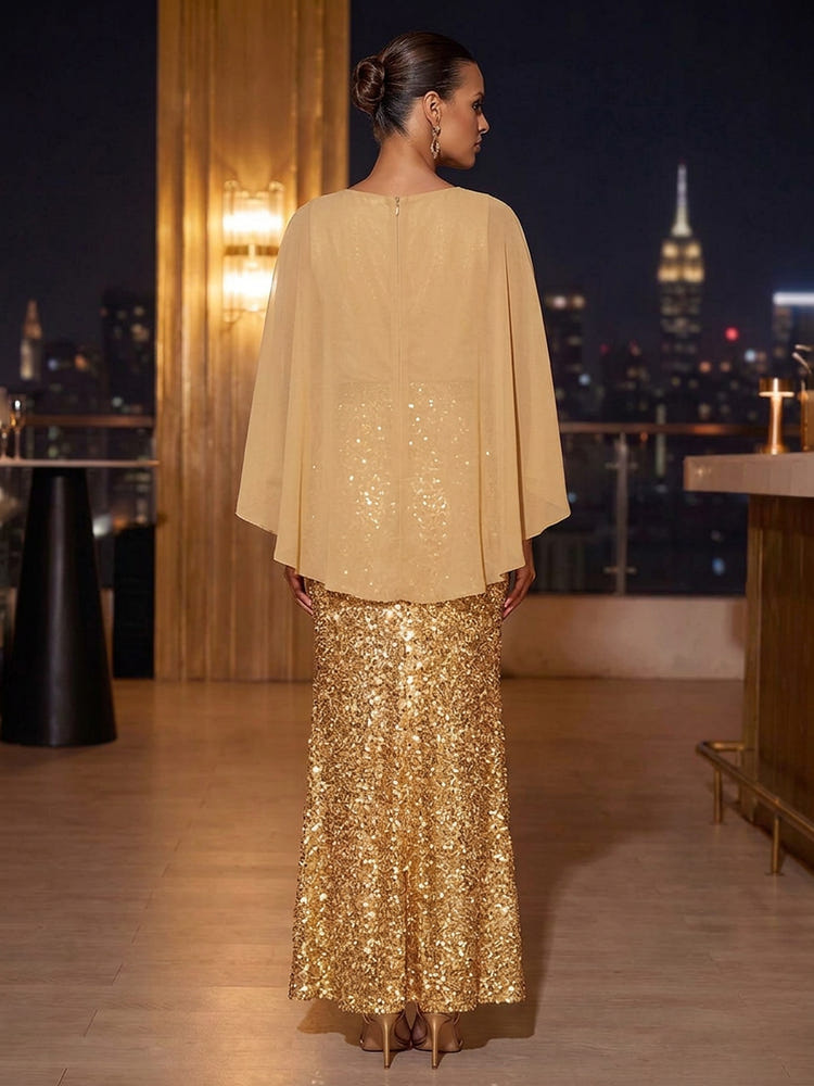 Sequin Mermaid Crew Neck Mother of the Bride Dresses with Caps