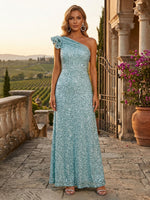 Sequin A-Line One Shoulder Evening Dresses with Ruffles