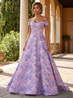 Jacquard A-Line Off the Shoulder Floral Evening Dresses