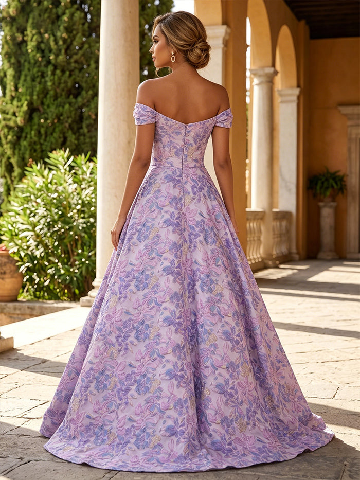 Jacquard A-Line Off the Shoulder Floral Evening Dresses