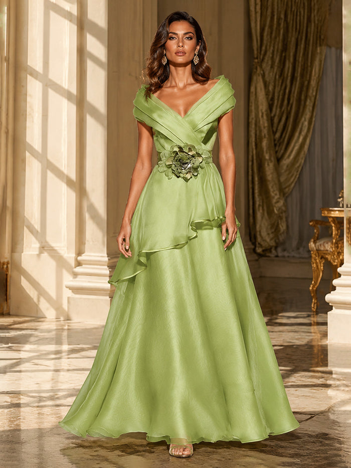 Tulle A-Line V Neck Evening Dresses with 3D Flowers