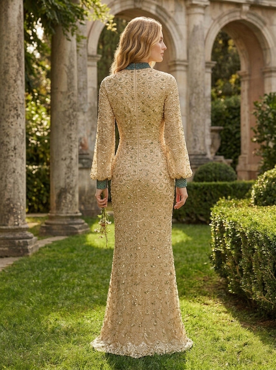 Tulle A-Line High Neck Beaded Evening Dresses