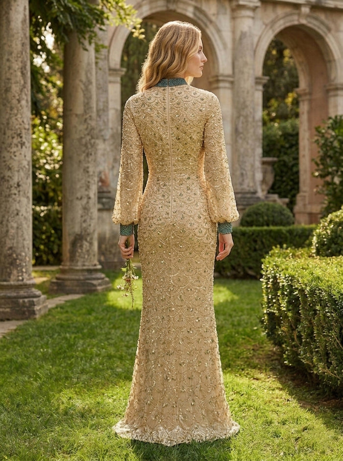 Tulle A-Line High Neck Beaded Evening Dresses
