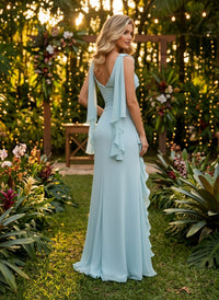 Chiffon Mermaid V Neck Evening Dresses with Ruffles