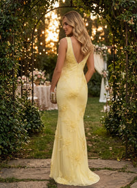 Satin Mermaid V Neck Evening Dresses with Floral Embroidery