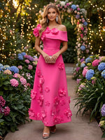 Satin A-Line Off the Shoulder Evening Dresses with 3D Flowers