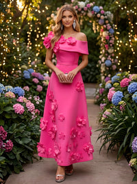 Satin A-Line Off the Shoulder Evening Dresses with 3D Flowers