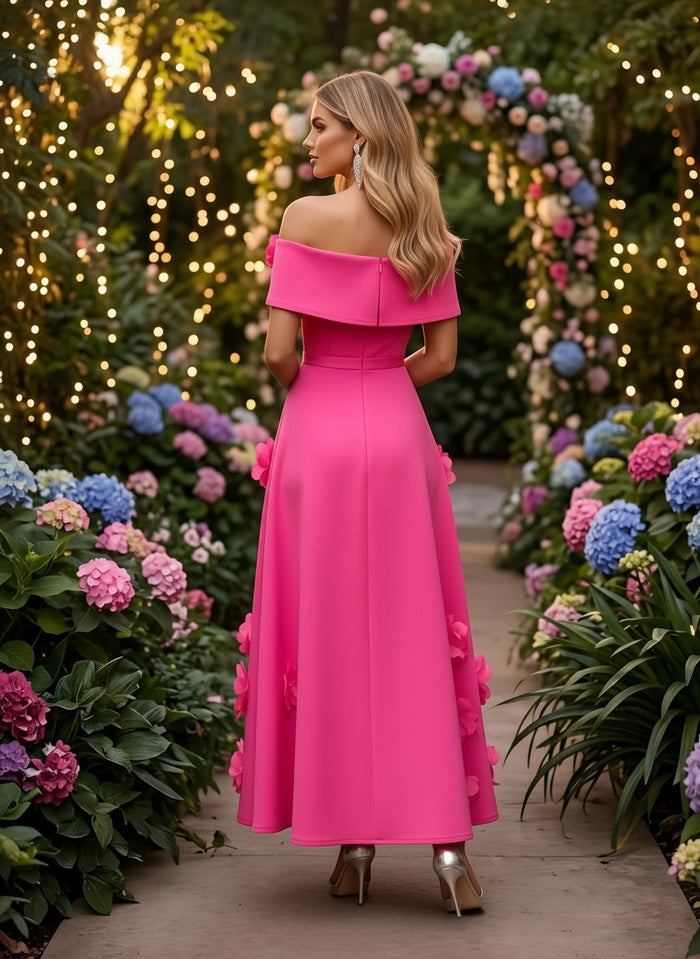 Satin A-Line Off the Shoulder Evening Dresses with 3D Flowers