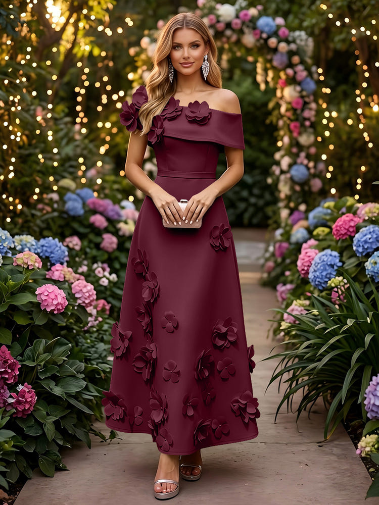 Satin A-Line Off the Shoulder Evening Dresses with 3D Flowers