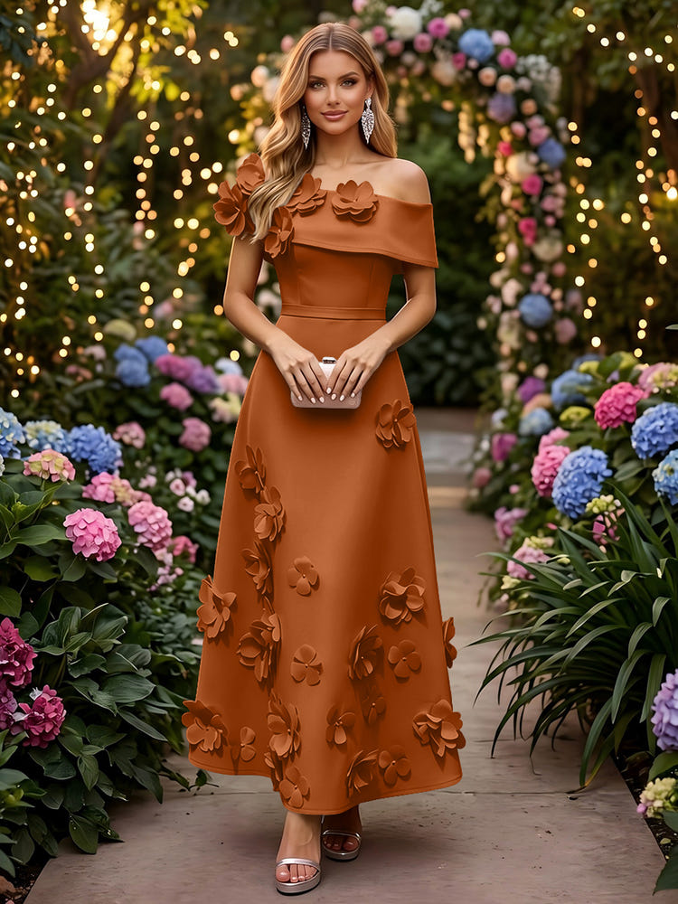 Satin A-Line Off the Shoulder Evening Dresses with 3D Flowers