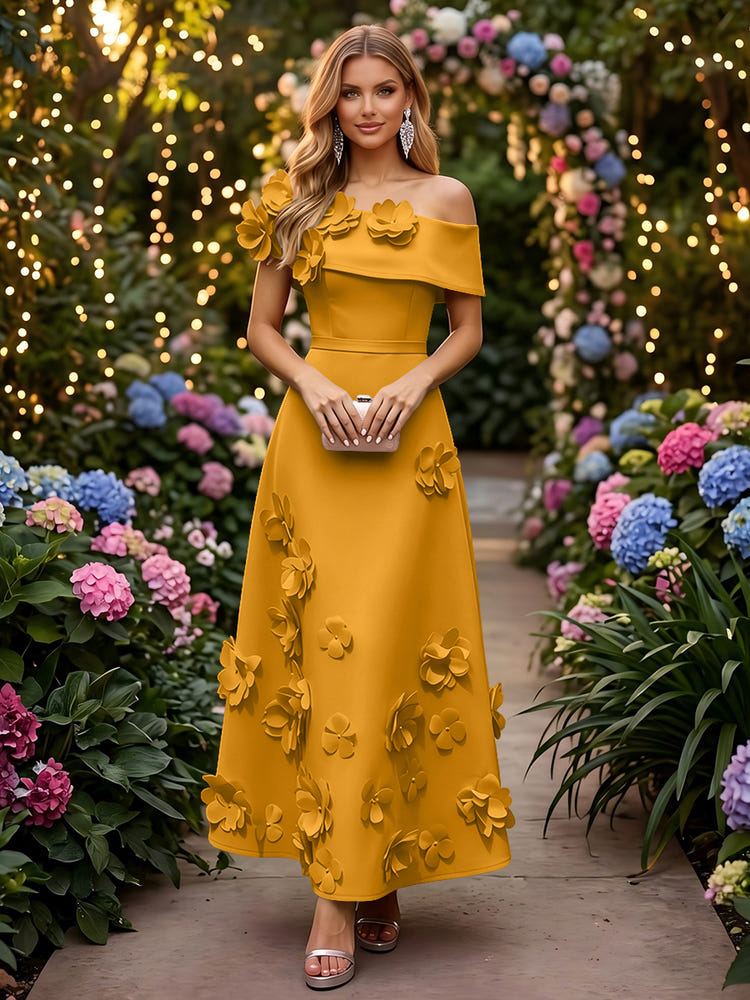 Satin A-Line Off the Shoulder Evening Dresses with 3D Flowers