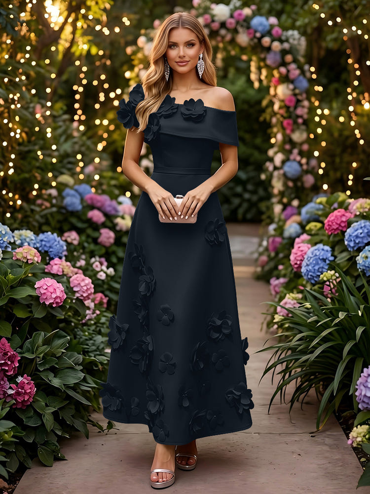 Satin A-Line Off the Shoulder Evening Dresses with 3D Flowers
