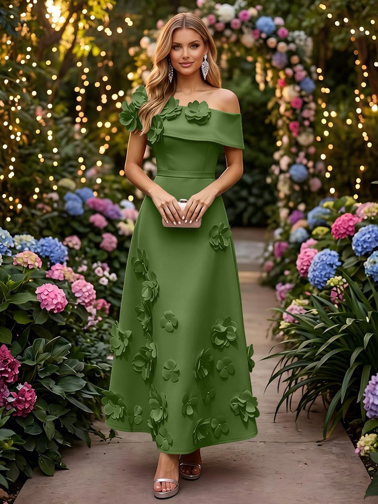 Satin A-Line Off the Shoulder Evening Dresses with 3D Flowers
