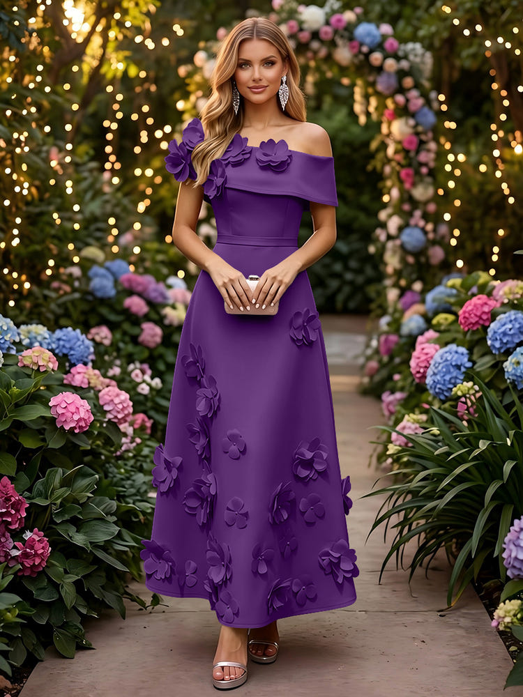 Satin A-Line Off the Shoulder Evening Dresses with 3D Flowers