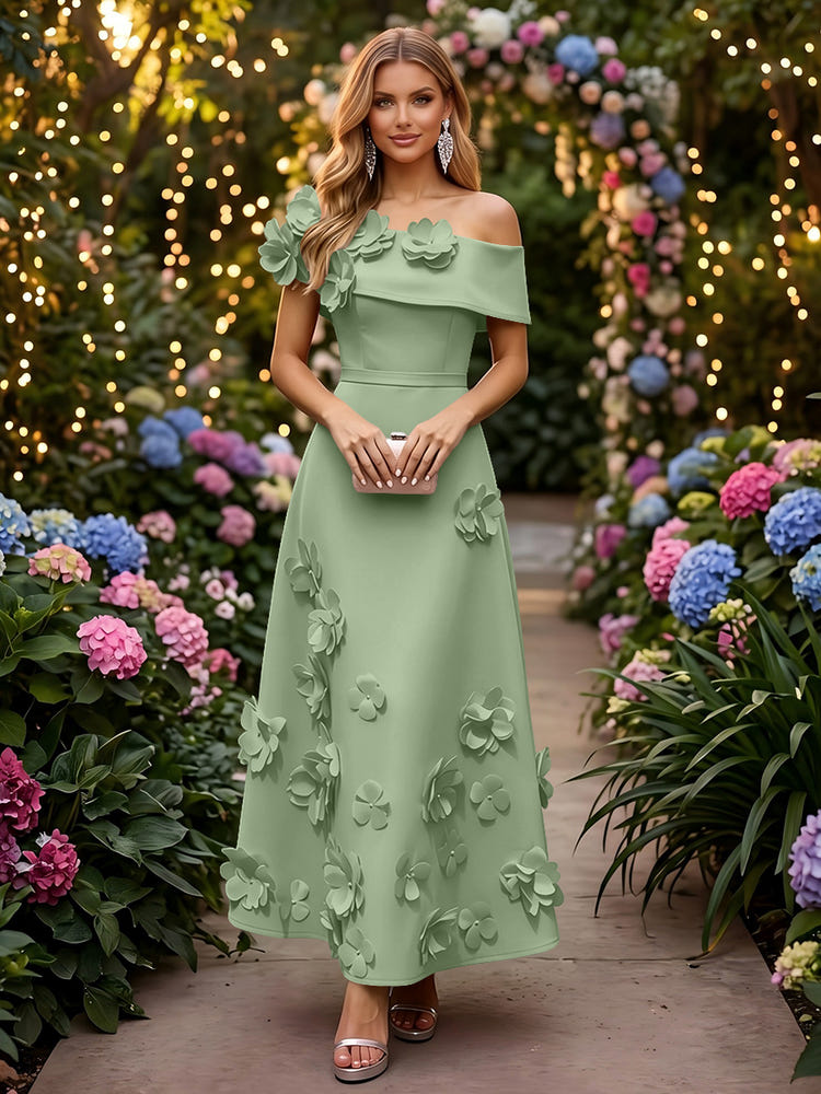 Satin A-Line Off the Shoulder Evening Dresses with 3D Flowers