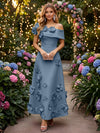 Satin A-Line Off the Shoulder Evening Dresses with 3D Flowers
