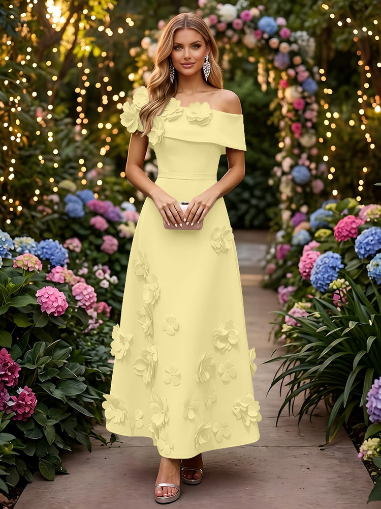Satin A-Line Off the Shoulder Evening Dresses with 3D Flowers