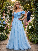 Tulle A-Line Off the Shoulder Evening Dresses with 3D Flowers