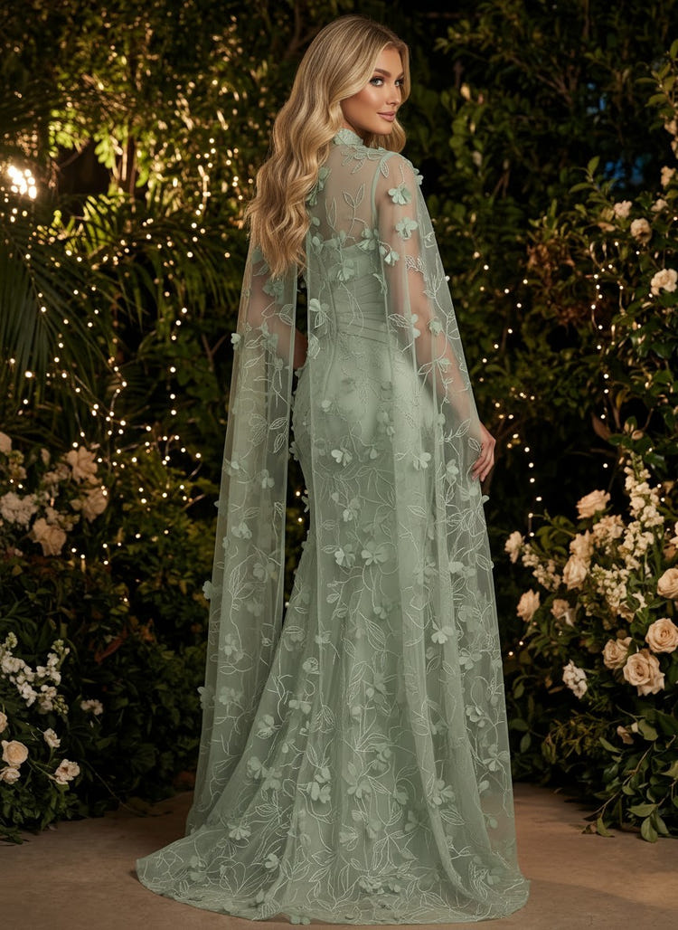 Tulle Mermaid High Neck Evening Dresses with Embroidery
