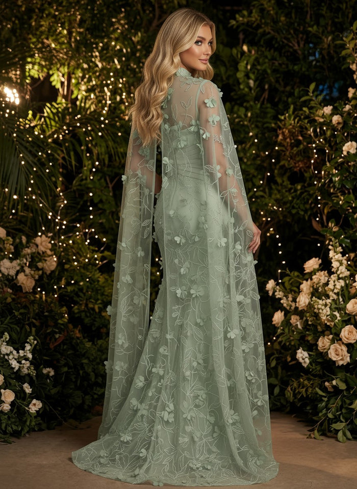 Tulle Mermaid High Neck Evening Dresses with Embroidery