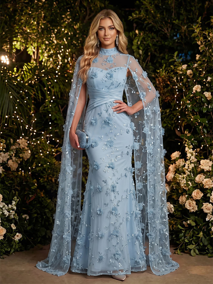 Tulle Mermaid High Neck Evening Dresses with Embroidery