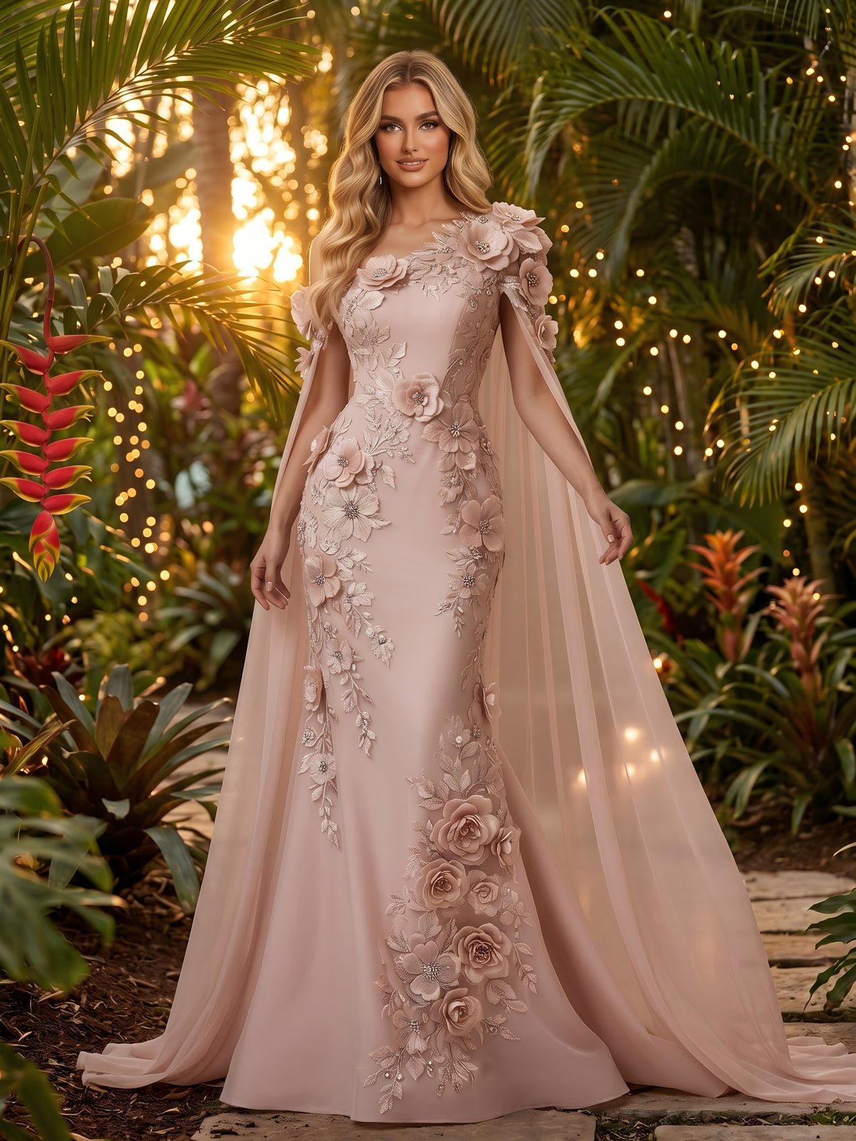 Chiffon Mermaid One Shoulder Evening Dresses with Floral Embroidery
