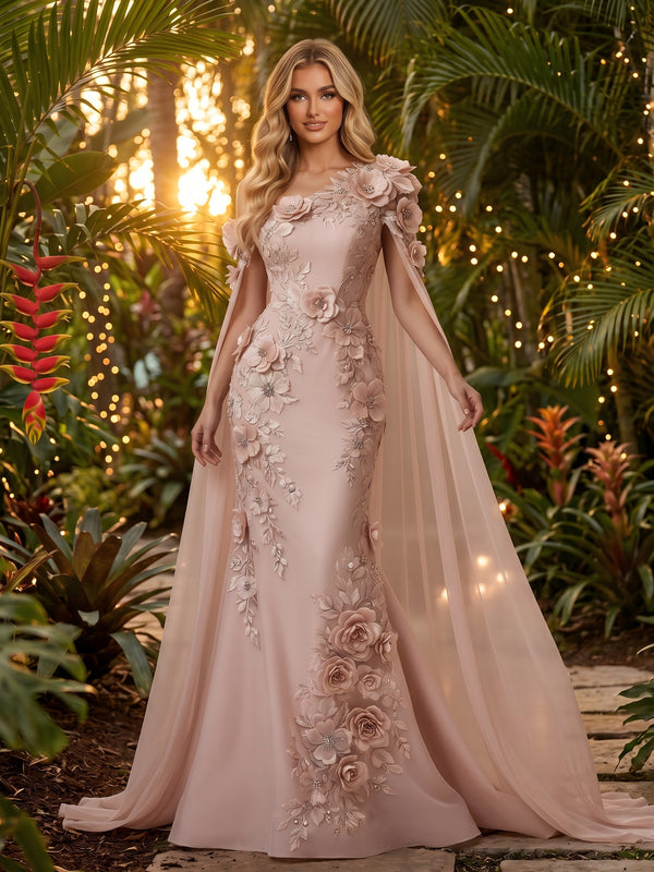 Chiffon Mermaid One Shoulder Evening Dresses with Floral Embroidery