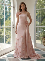 Satin Mermaid One Shoulder Evening Dresses with 3D Flowers