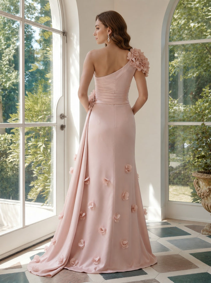 Satin Mermaid One Shoulder Evening Dresses with 3D Flowers