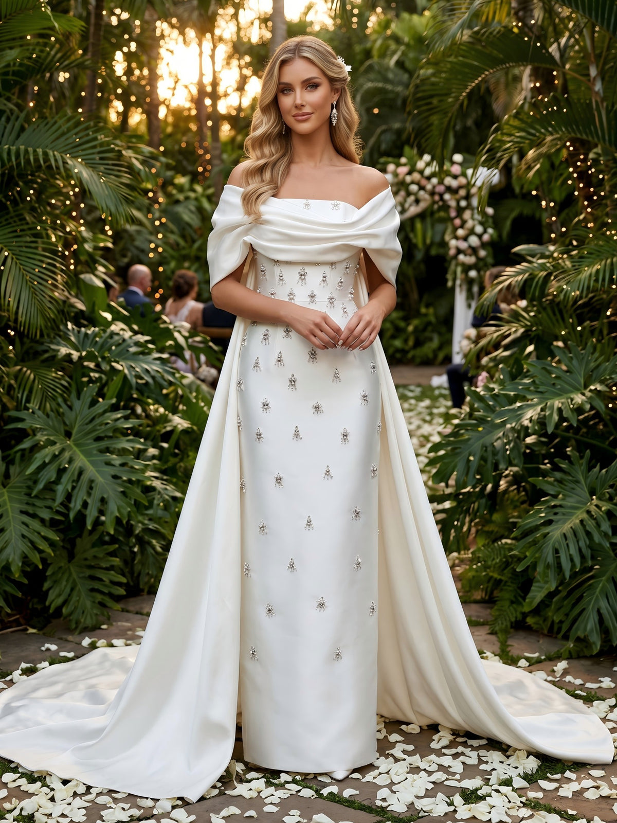 Satin Sheath Off the Shoulder Evening Dresses with Rhinestone