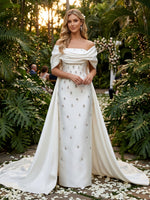 Satin Sheath Off the Shoulder Evening Dresses with Rhinestone
