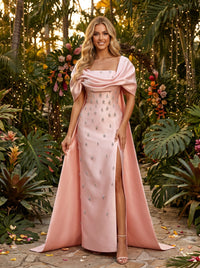 Satin Sheath Square Neck Evening Dresses with Rhinestone