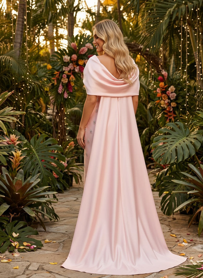 Satin Sheath Square Neck Evening Dresses with Rhinestone