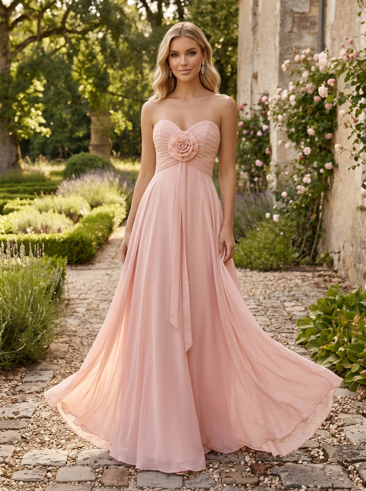 Chiffon A-Line Strapless Evening Dresses with 3D Flowers