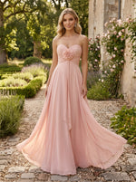 Chiffon A-Line Strapless Evening Dresses with 3D Flowers
