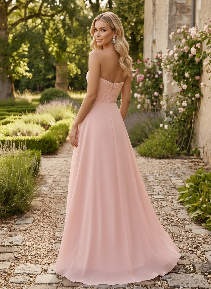 Chiffon A-Line Strapless Evening Dresses with 3D Flowers