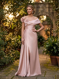Satin Mermaid Off the Shoulder Evening Dresses with 3D Flowers