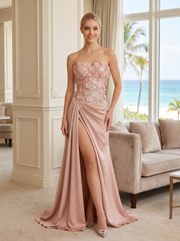 Satin Mermaid Strapless Evening Dresses with 3D Flowers