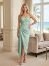 Satin Sheath Strapless Evening Dresses with 3D Flowers