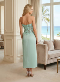Satin Sheath Strapless Evening Dresses with 3D Flowers