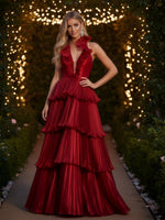 Satin A-Line V Neck Evening Dresses with Ruffles