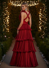 Satin A-Line V Neck Evening Dresses with Ruffles