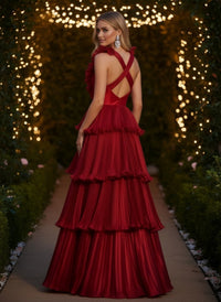 Chiffon A-Line V Neck Evening Dresses with Ruffles