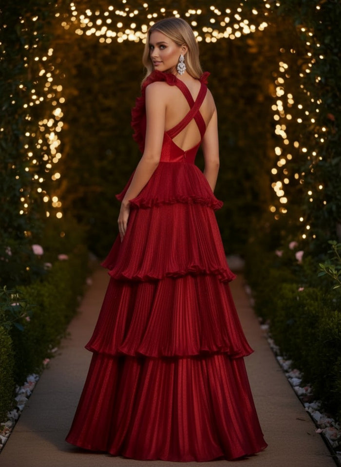 Chiffon A-Line V Neck Evening Dresses with Ruffles