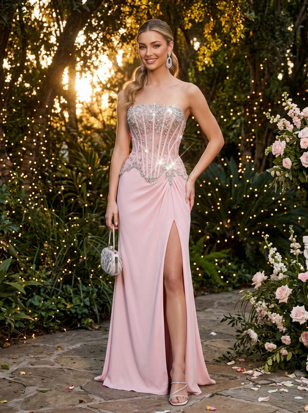Satin Mermaid Strapless Evening Dresses with Rhinestone