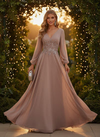 Chiffon A-Line V Neck Evening Dresses with Sequin Embroidery
