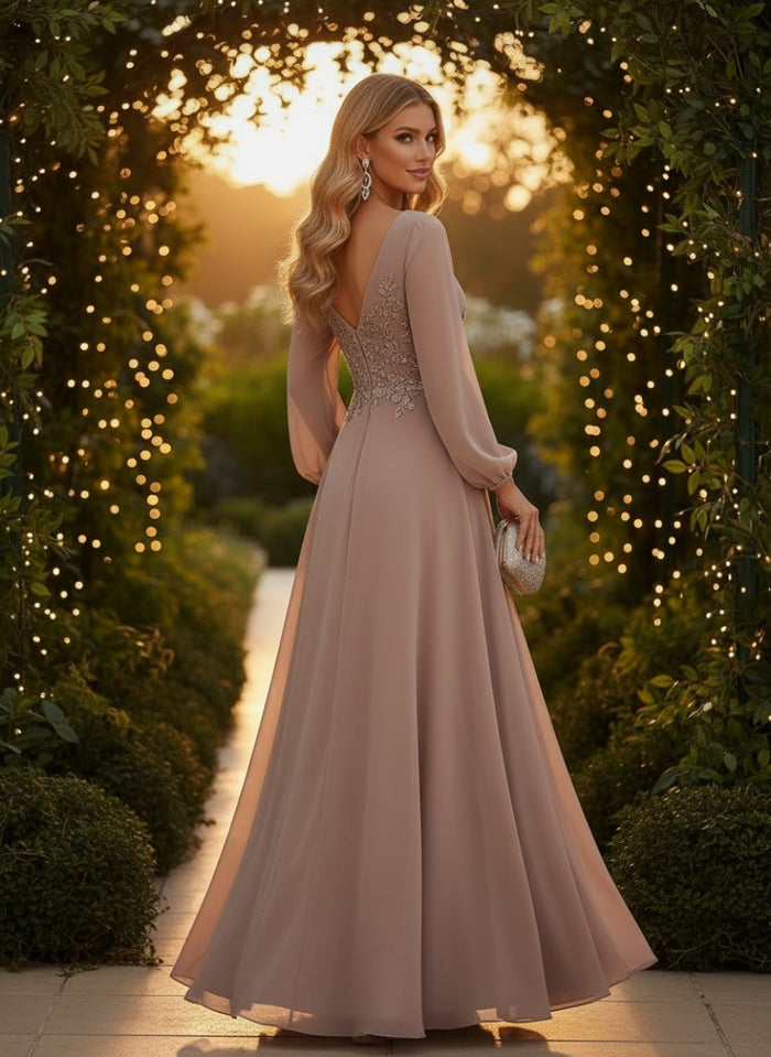 Chiffon A-Line V Neck Evening Dresses with Sequin Embroidery